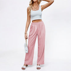 Loose Silk Pleated Elastic High Waist Wide Leg Pants