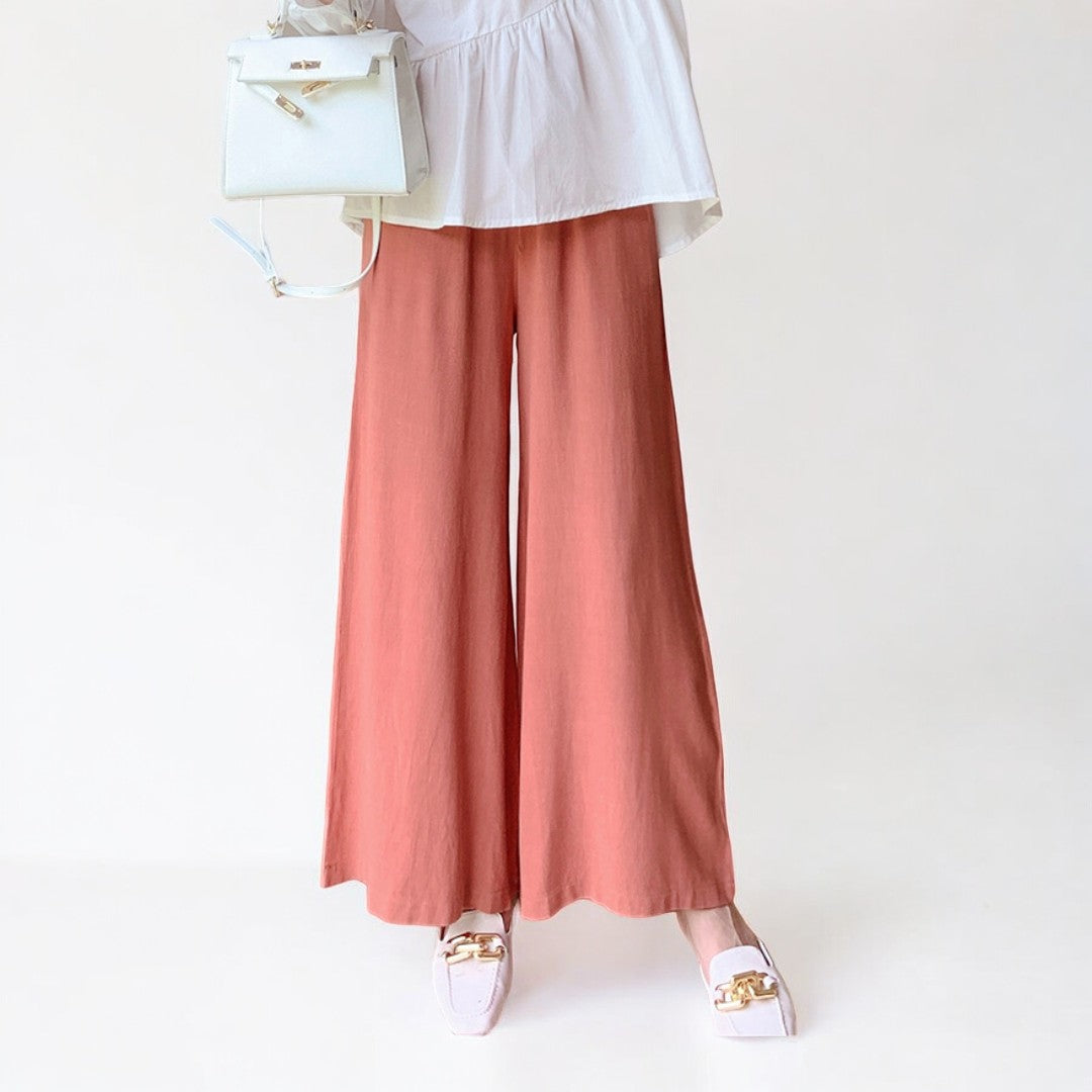 Women Wide Leg Elastic Waist Linen Cotton Straight Flare Pants