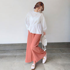 Women Wide Leg Elastic Waist Linen Cotton Straight Flare Pants