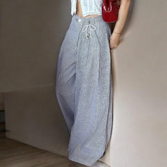 Stripe High Waist Pleated Loose Wide Leg Pants