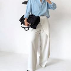 White Stitching Wide Leg High Waist Casual Pants