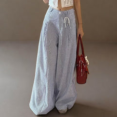 Stripe High Waist Pleated Loose Wide Leg Pants