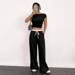 Simple Straight Casual Loose Elastic Waist Mop Trousers