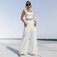 Pleating Cross Double Layer See Through Wide Leg Casual Pants