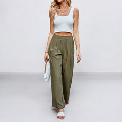 Loose Silk Pleated Elastic High Waist Wide Leg Pants