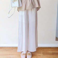 Women Wide Leg Elastic Waist Linen Cotton Straight Flare Pants