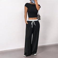 Simple Straight Casual Loose Elastic Waist Mop Trousers