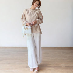 Women Wide Leg Elastic Waist Linen Cotton Straight Flare Pants