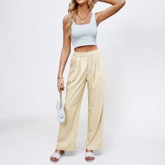 Loose Silk Pleated Elastic High Waist Wide Leg Pants