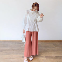 Women Wide Leg Elastic Waist Linen Cotton Straight Flare Pants