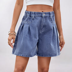 Summer Washed Elastic Waist Baggy Denim Shorts