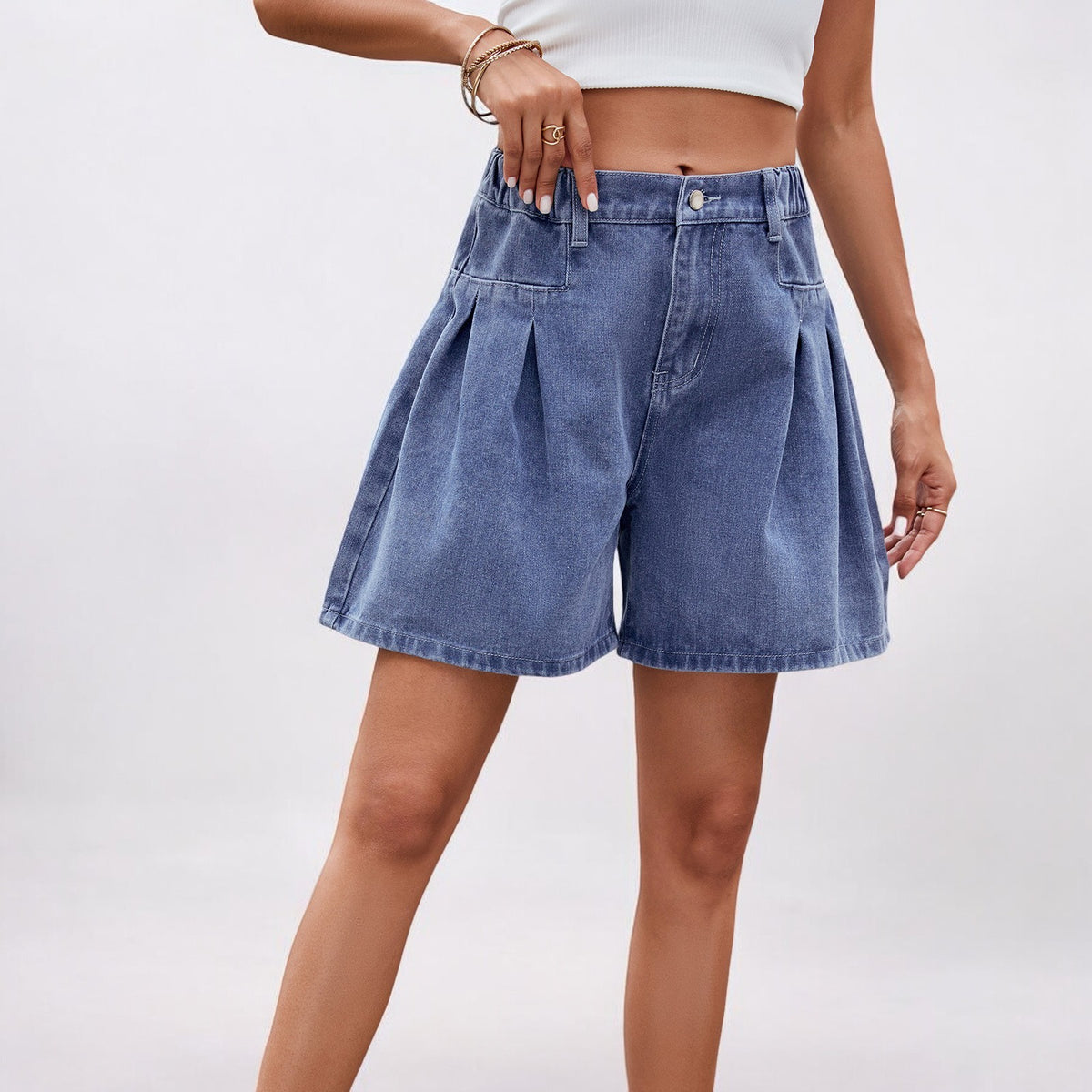 Summer Washed Elastic Waist Baggy Denim Shorts