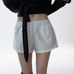 Contrast Color Bow Lace Loose Wide Leg Striped Shorts