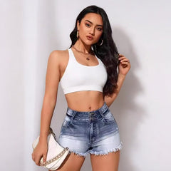 Women Ripped Burr High Waist Denim Shorts