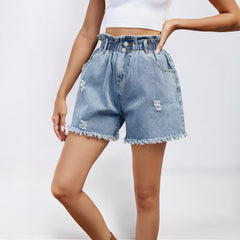 Women Summer Washed Denim Bud Waisted Shorts