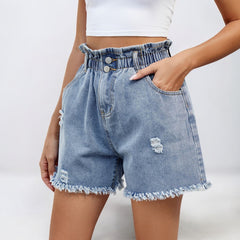 Women Summer Washed Denim Bud Waisted Shorts