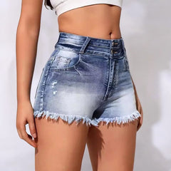 Women Ripped Burr High Waist Denim Shorts