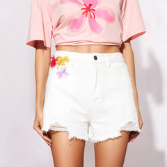 White Embroidered Floral Fresh Ripped Shorts