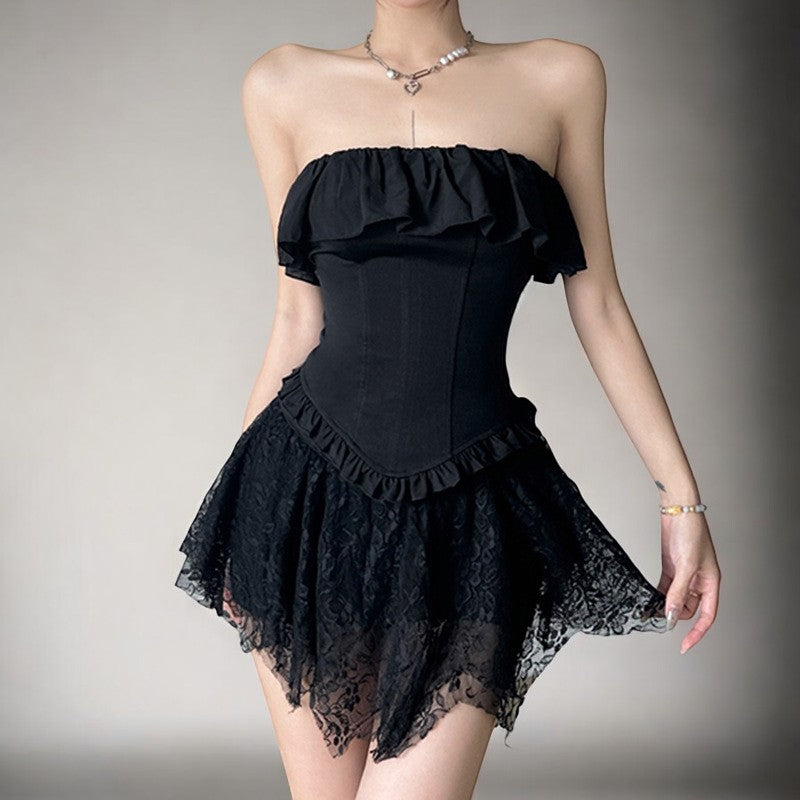 Black Ruffled Stitching Off Neck Tube Top