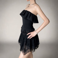 Black Ruffled Stitching Off Neck Tube Top