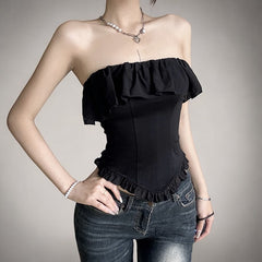 Black Ruffled Stitching Off Neck Tube Top