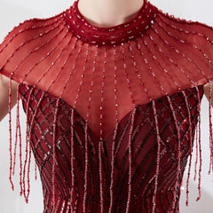 Long Fringe Short Sleeve Sequin Evening Dress