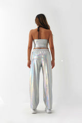 Metallic Coated Fabric Casual Laser Gradient High Waist Straight Pants