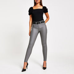 High Waist Slim Stretch Coated Noble Gray Faux Leather Pants