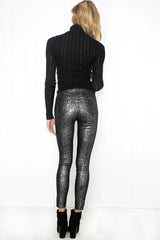 High Waist Elastic Coating Silver Snake Pattern Faux Leather Pants