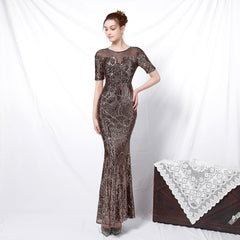 Elegant Long Half Sleeves Sequined Fishtail Evening Dress