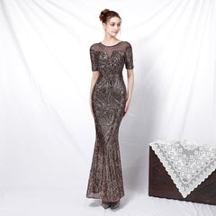 Elegant Long Half Sleeves Sequined Fishtail Evening Dress