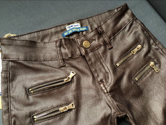 Brown Low Waist Stretch Double Zipper Faux Leather Pants