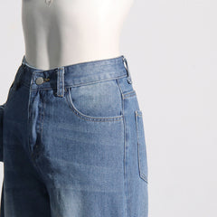 Retro Washed Distressed Stitching Bow High Waist Straight Jeans