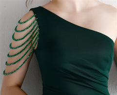 One Shoulder Satin Beaded Long Gala Fishtail Dress