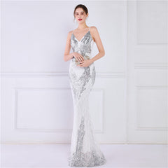 Elegant Sleeveless Sequined V-Neck Formal Evening Dress