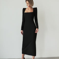 Square Collar French Black Slim Fit Sheath Formal Dress