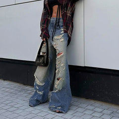 Street Beggar Ripped Washed Old Loose Straight Jeans