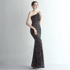One Shoulder Split Long Sequined Fishtail Evening Dress