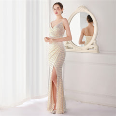 Elegant Ruched Sequined Split Fishtail Evening Dress