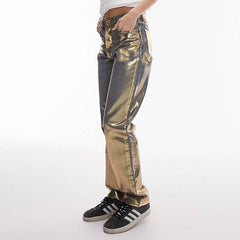 Metallic Coated Fabric Street Bronzing Pocket Straight Denim Pants