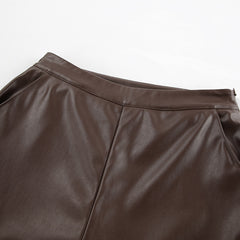 Brown High Waist Casual Leather Straight Leg Pants