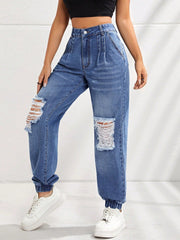 High Waist Holes Ankle Tied Mom Jeans