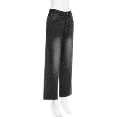 Retro Rhinestone Distressed Loose Wide Leg Low Waist Jeans