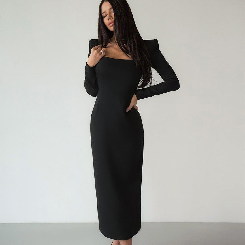 Square Collar French Black Slim Fit Sheath Formal Dress