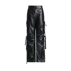 Multi Pocket Faux Leather High Waist Pants