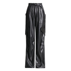 Women Casual Tooling Wide Leg Faux Leather Pants