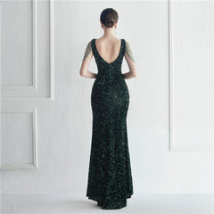 Elegant Velvet V-Neck Sequin Beaded Long Evening Dress