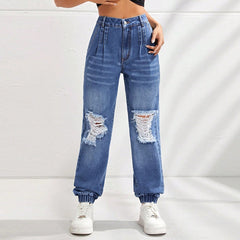 High Waist Holes Ankle Tied Mom Jeans