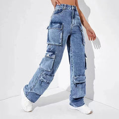 High Waist Flap Pocket Loose Fit Jeans