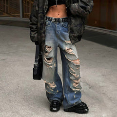 Street Beggar Ripped Washed Old Loose Straight Jeans